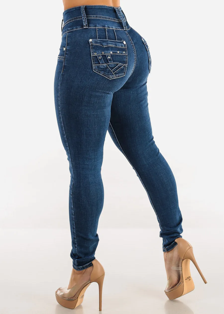 High Waist Butt Lift Skinny Jeans Dark Bleach Wash sold by Moda product image thumbnail 5
