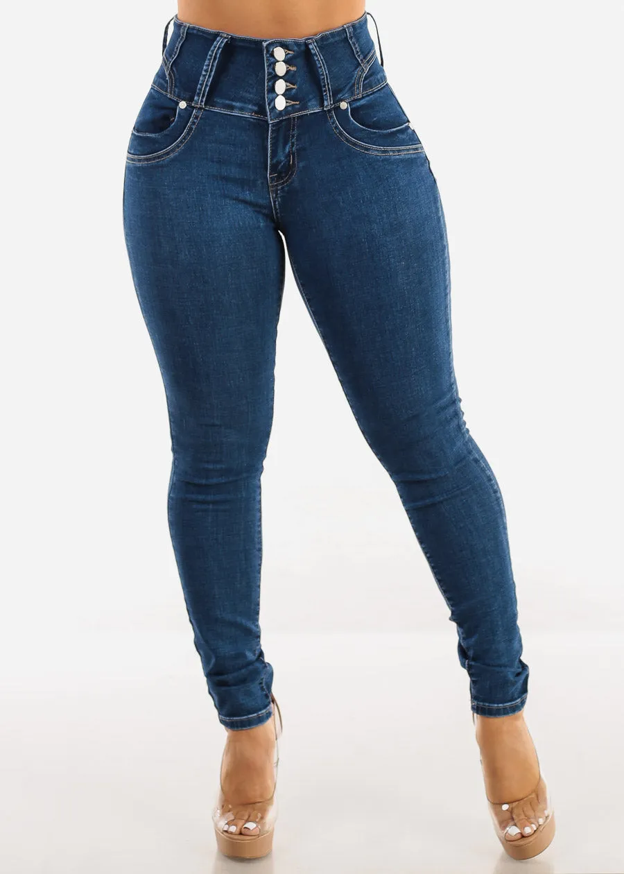 High Waist Butt Lift Skinny Jeans Dark Bleach Wash sold by Moda product image thumbnail 3
