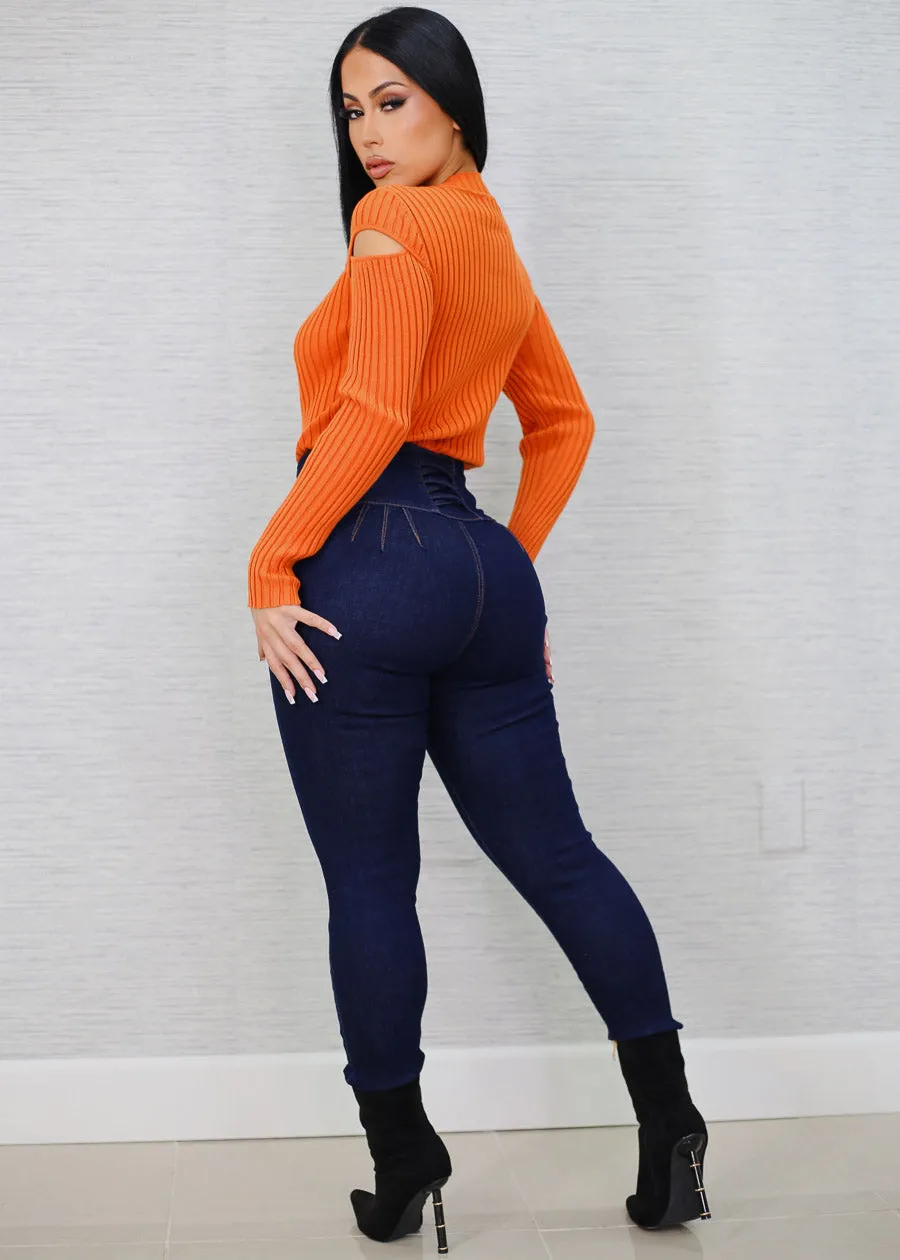 Super High Waist Butt Lift Skinny Jeans Dark Blue sold by Moda product image thumbnail 3