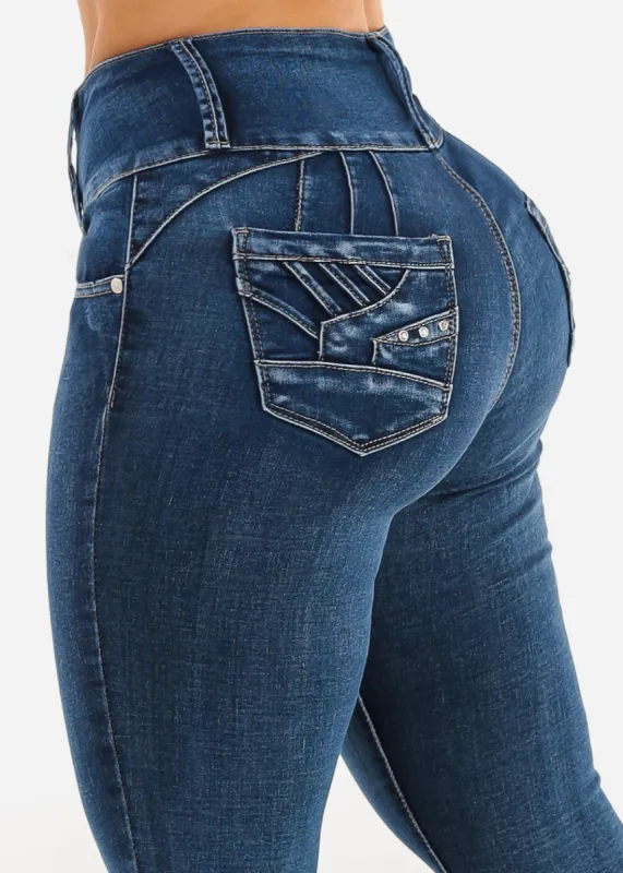 Butt Lift High Waisted Skinny Jeans Dark Bleach Wash sold by Moda