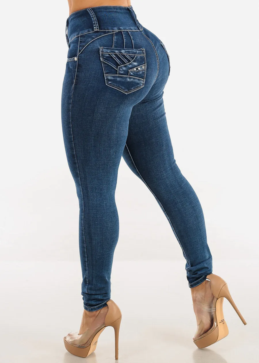 Butt Lift High Waisted Skinny Jeans Dark Bleach Wash sold by Moda product image thumbnail 5