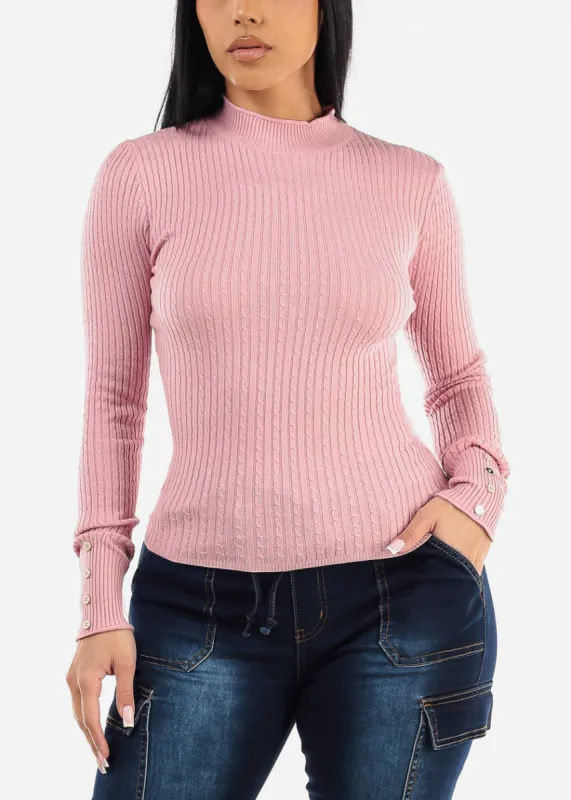Fitted Long Sleeve Rib Knit Sweater Light Pink sold by Moda