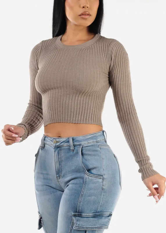 Long Sleeve Ribbed Sweater Top Taupe sold by Moda