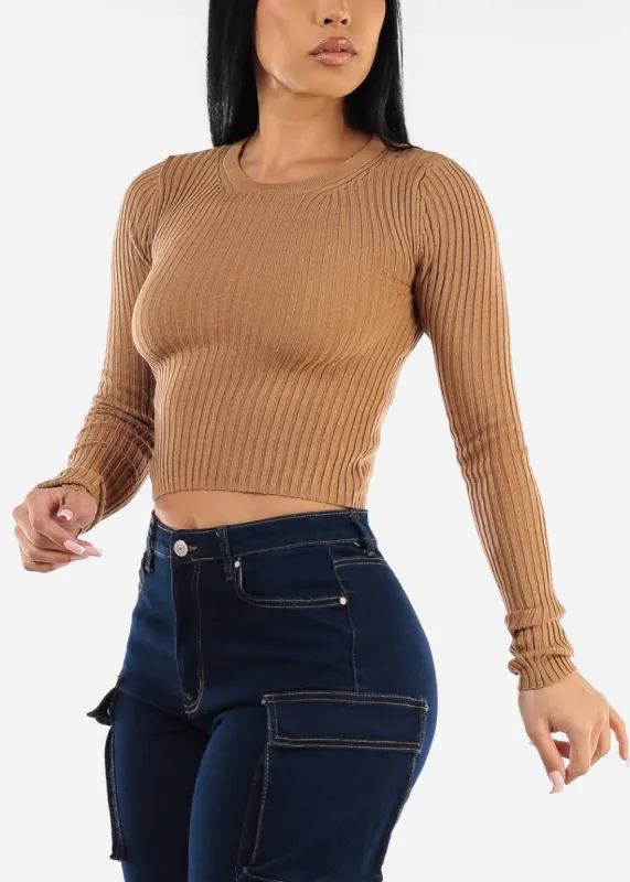 Long Sleeve Ribbed Sweater Top Light Brown made by Moda