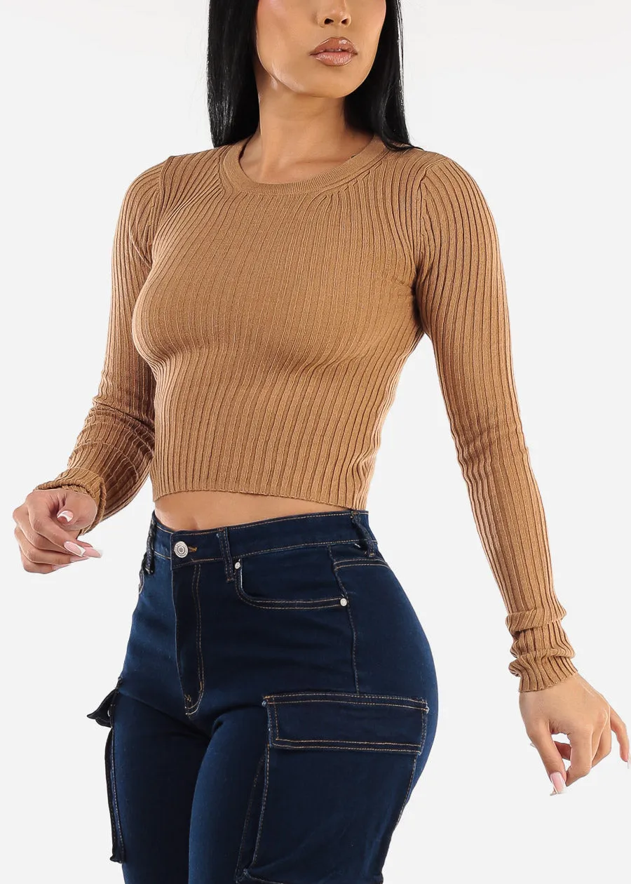 Long Sleeve Ribbed Sweater Top Light Brown sold by Moda