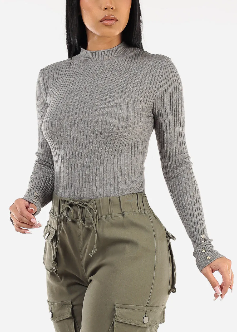 Fitted Long Sleeve Rib Knit Sweater Grey sold by Moda