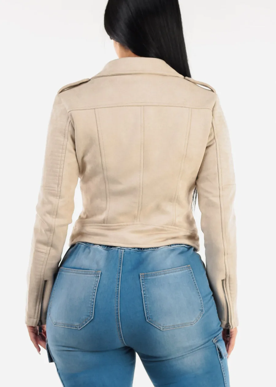 Long Sleeve Zip Up Suede Moto Jacket Cream sold by Moda product image thumbnail 4