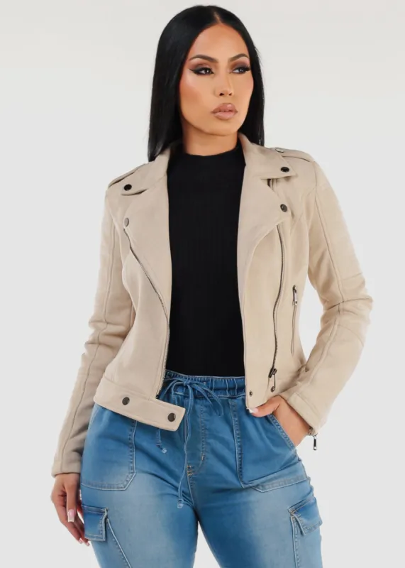 Long Sleeve Zip Up Suede Moto Jacket Cream sold by Moda