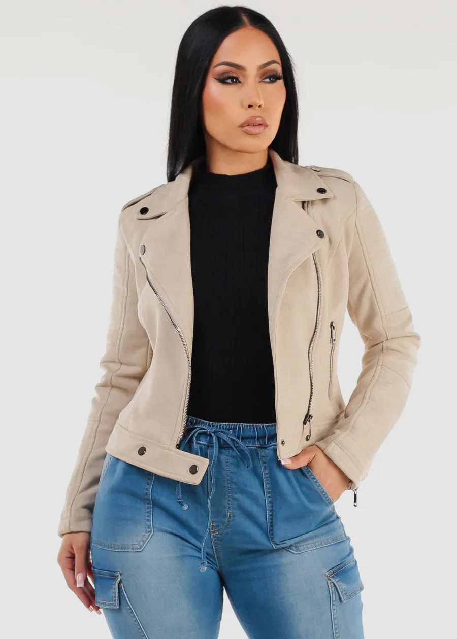 Long Sleeve Zip Up Suede Moto Jacket Cream sold by Moda
