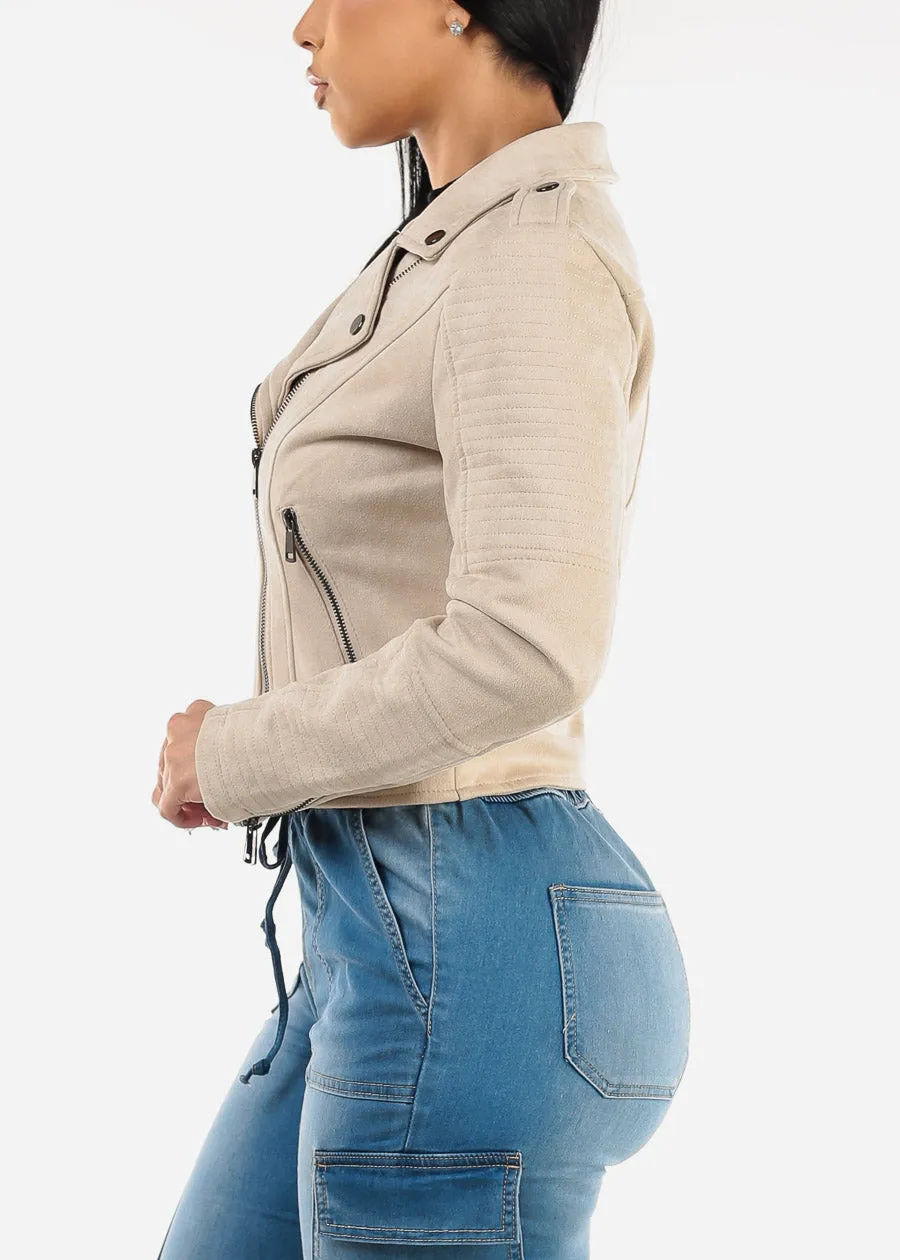 Long Sleeve Zip Up Suede Moto Jacket Cream sold by Moda product image thumbnail 3