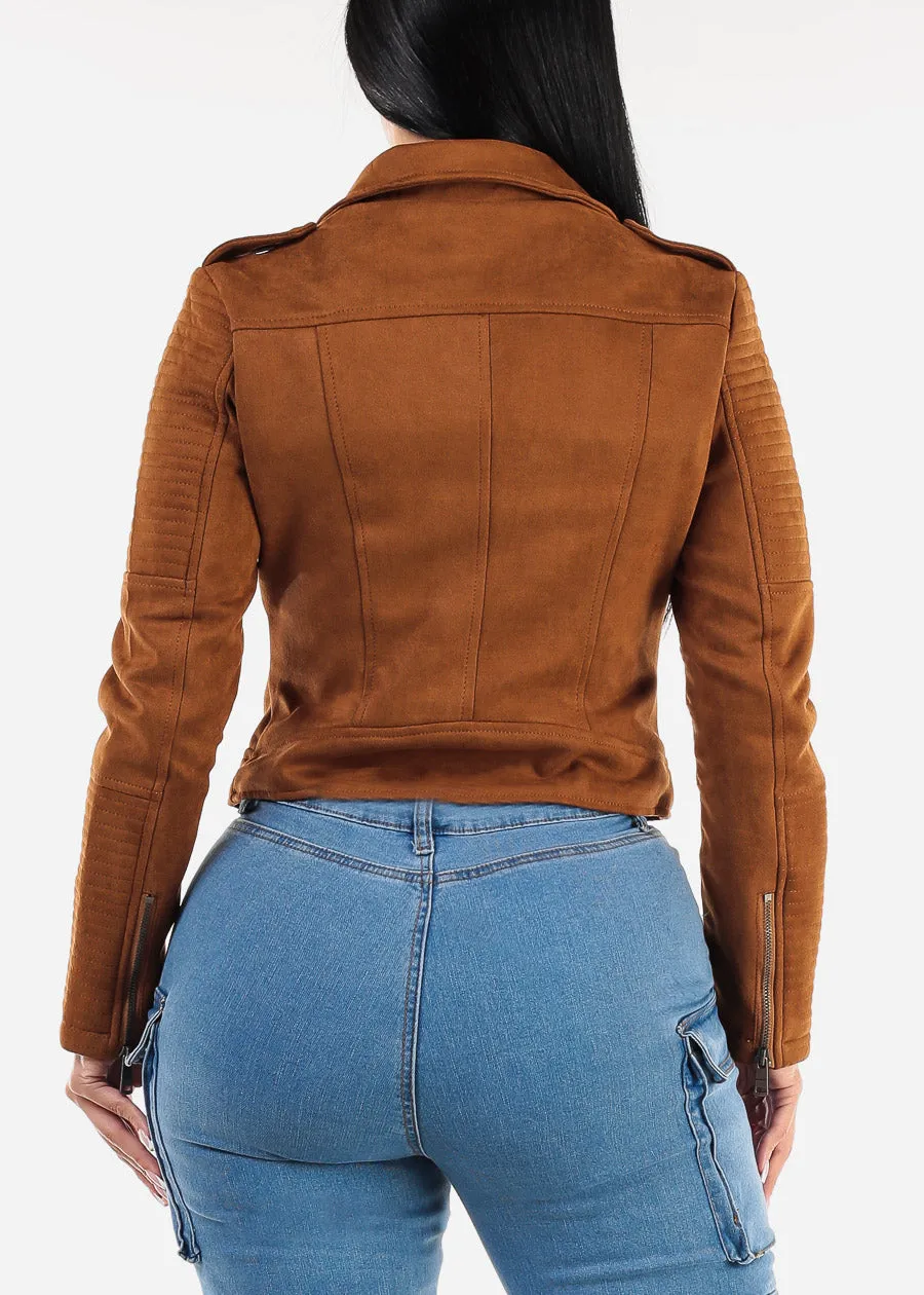 Long Sleeve Zip Up Suede Moto Jacket Camel sold by Moda product image thumbnail 4