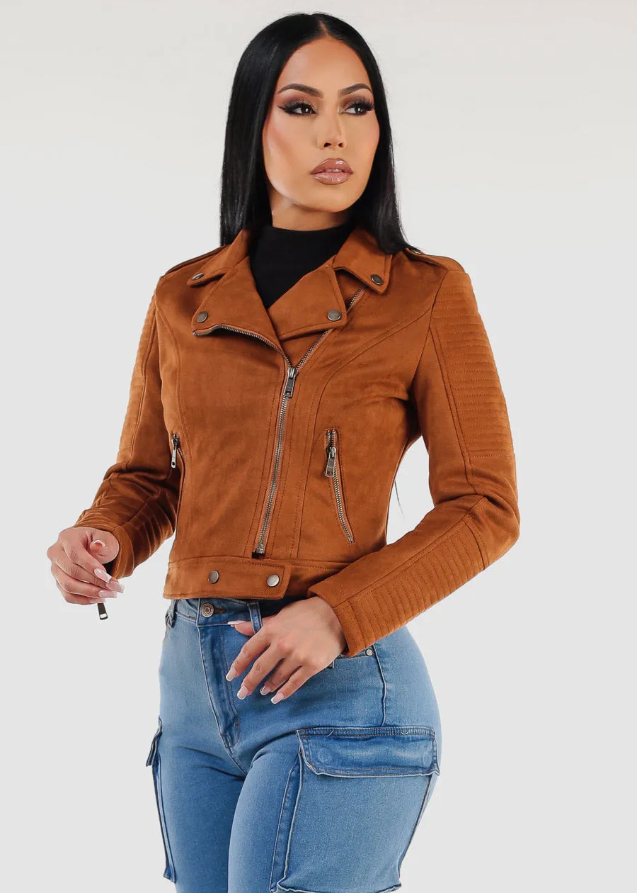 Long Sleeve Zip Up Suede Moto Jacket Camel sold by Moda