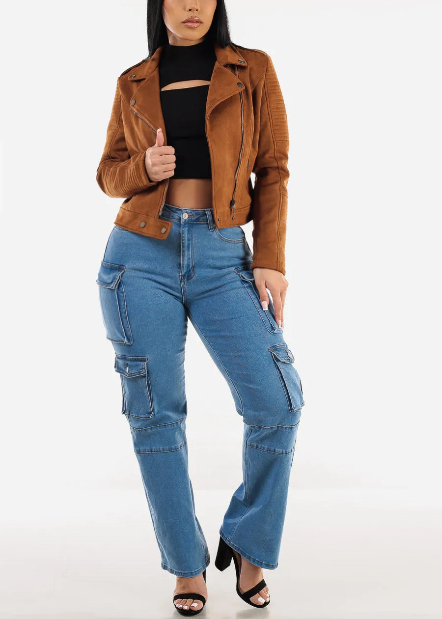 Long Sleeve Zip Up Suede Moto Jacket Camel sold by Moda product image thumbnail 2