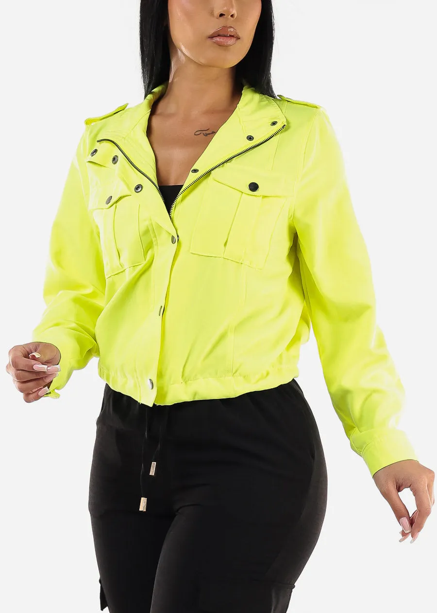 Zip Up Drawstring Waist Jacket Neon Yellow sold by Moda