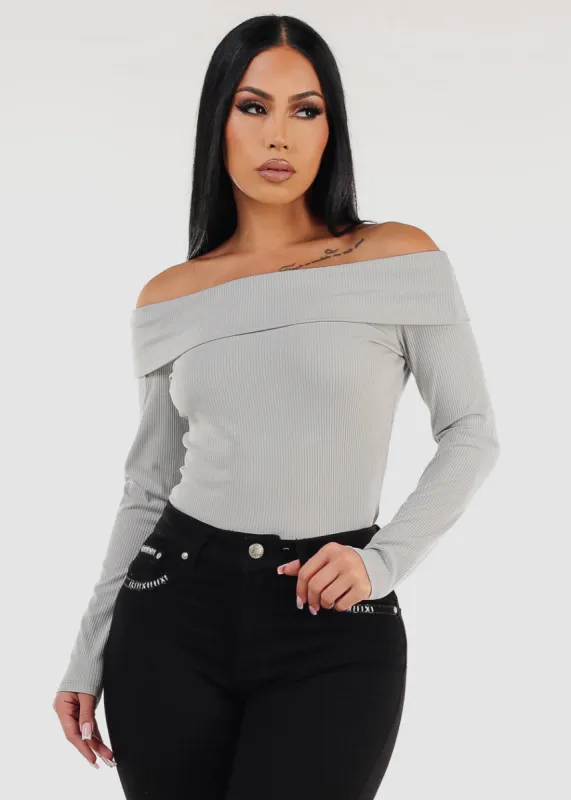 Off Shoulder Long Sleeve Top Light Grey sold by Moda