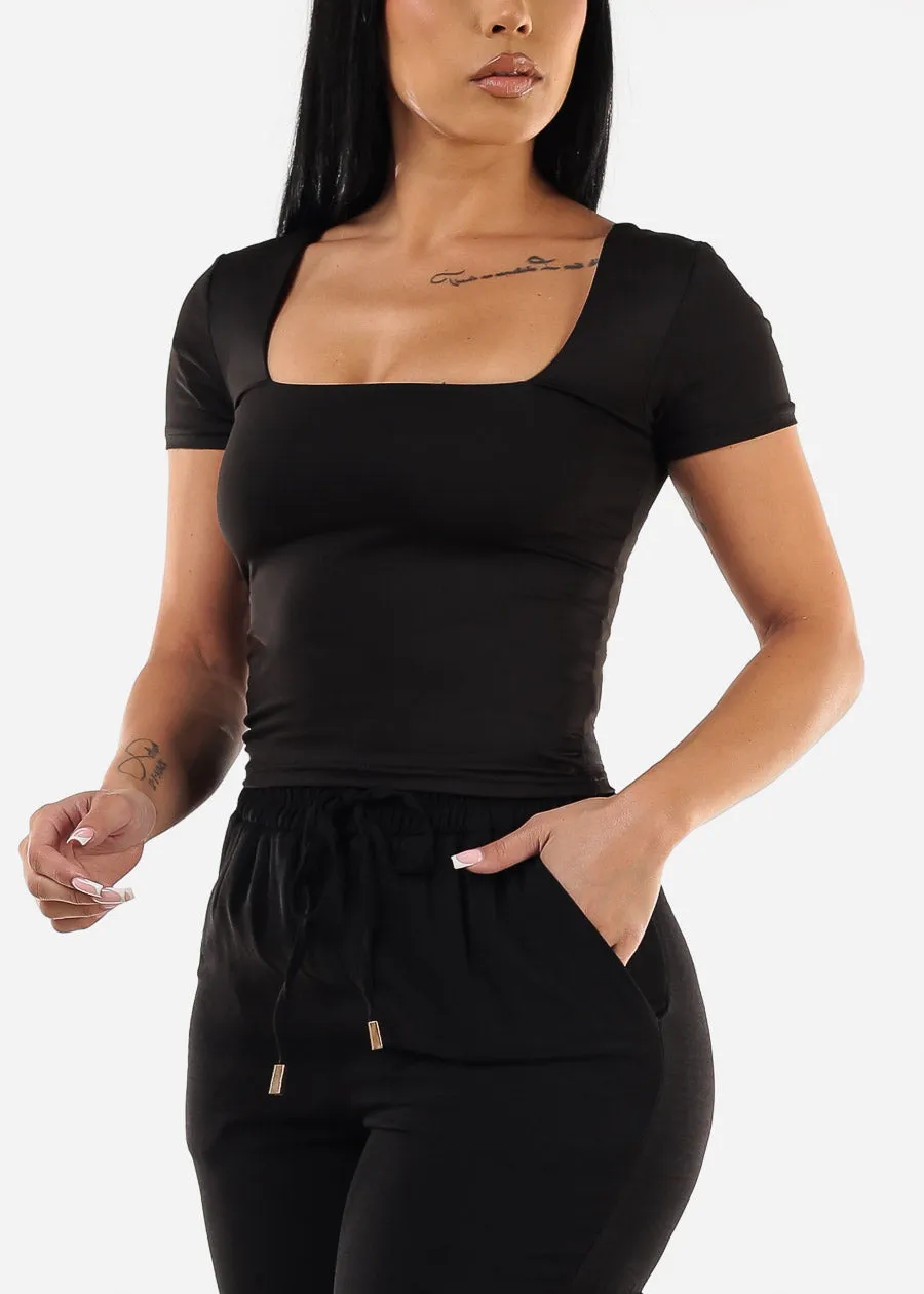 Double Layered Square Neck Black Crop Top sold by Moda