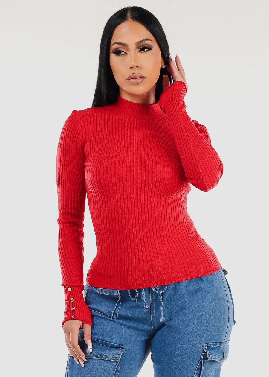 Fitted Long Sleeve Rib Knit Sweater Red sold by Moda