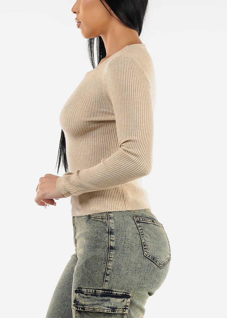 Long Sleeve Crewneck Ribbed Sweater Beige sold by Moda product image thumbnail 3