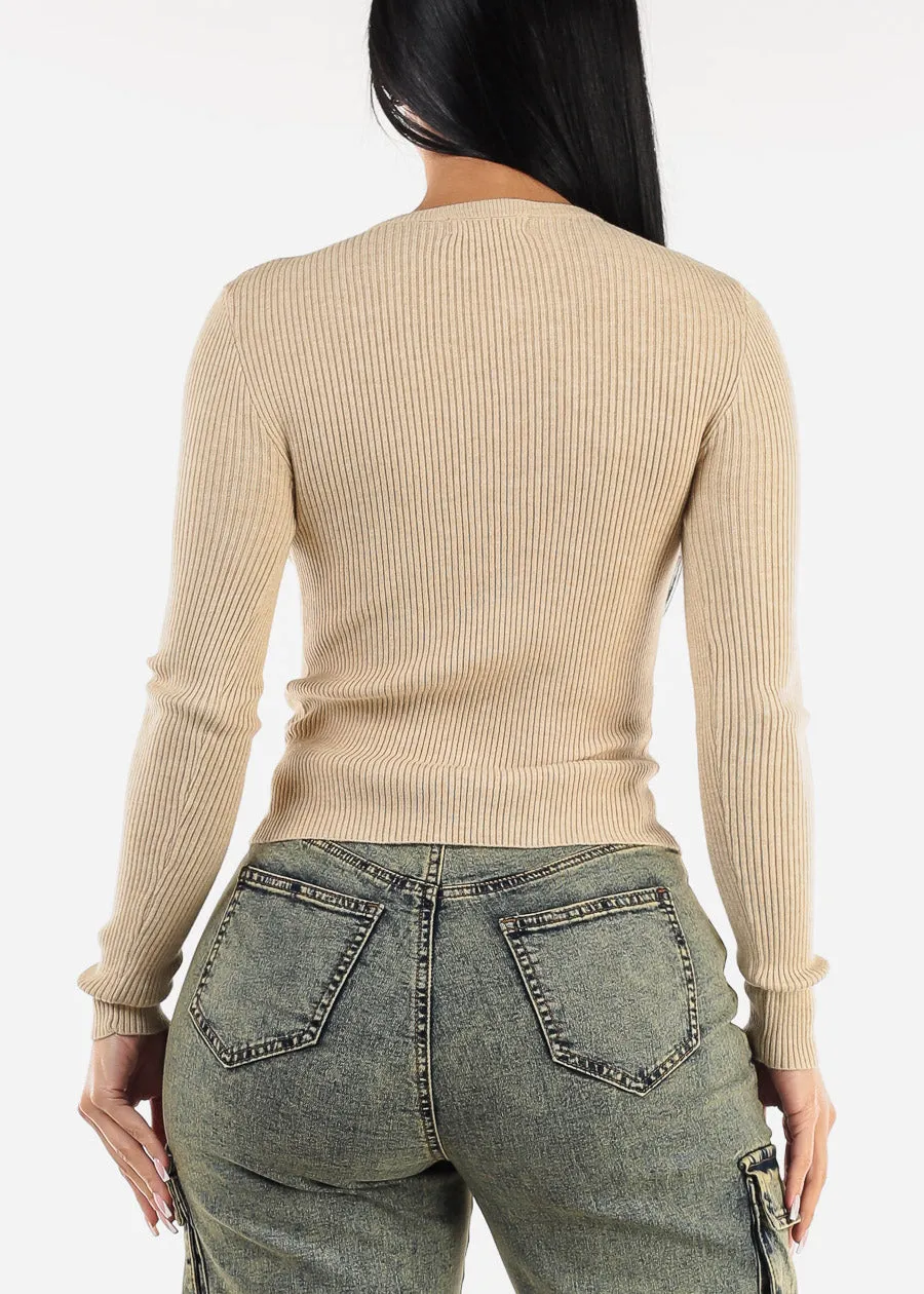 Long Sleeve Crewneck Ribbed Sweater Beige sold by Moda product image thumbnail 4