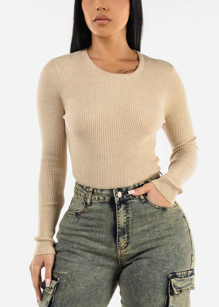 Long Sleeve Crewneck Ribbed Sweater Beige sold by Moda