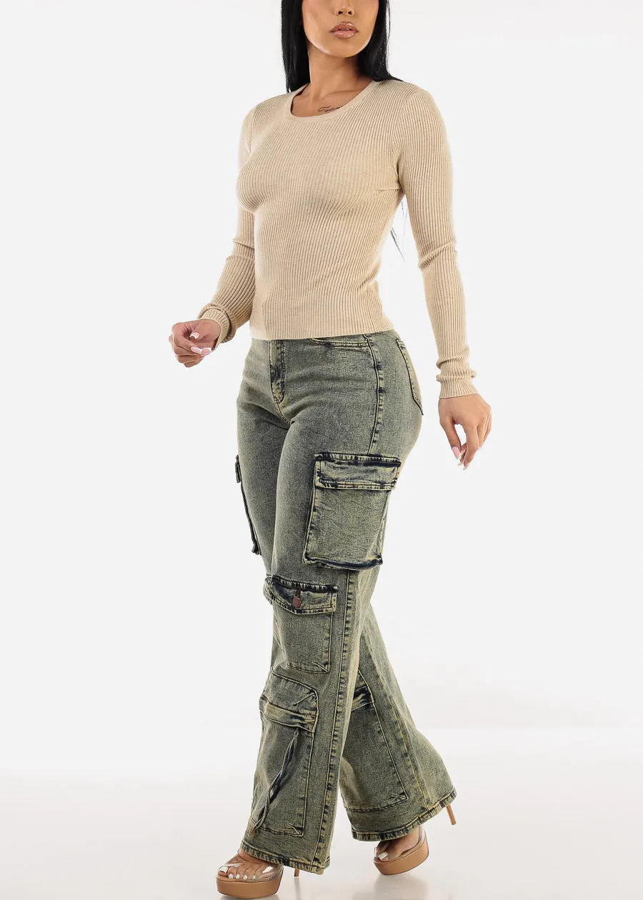 Long Sleeve Crewneck Ribbed Sweater Beige sold by Moda product image thumbnail 2