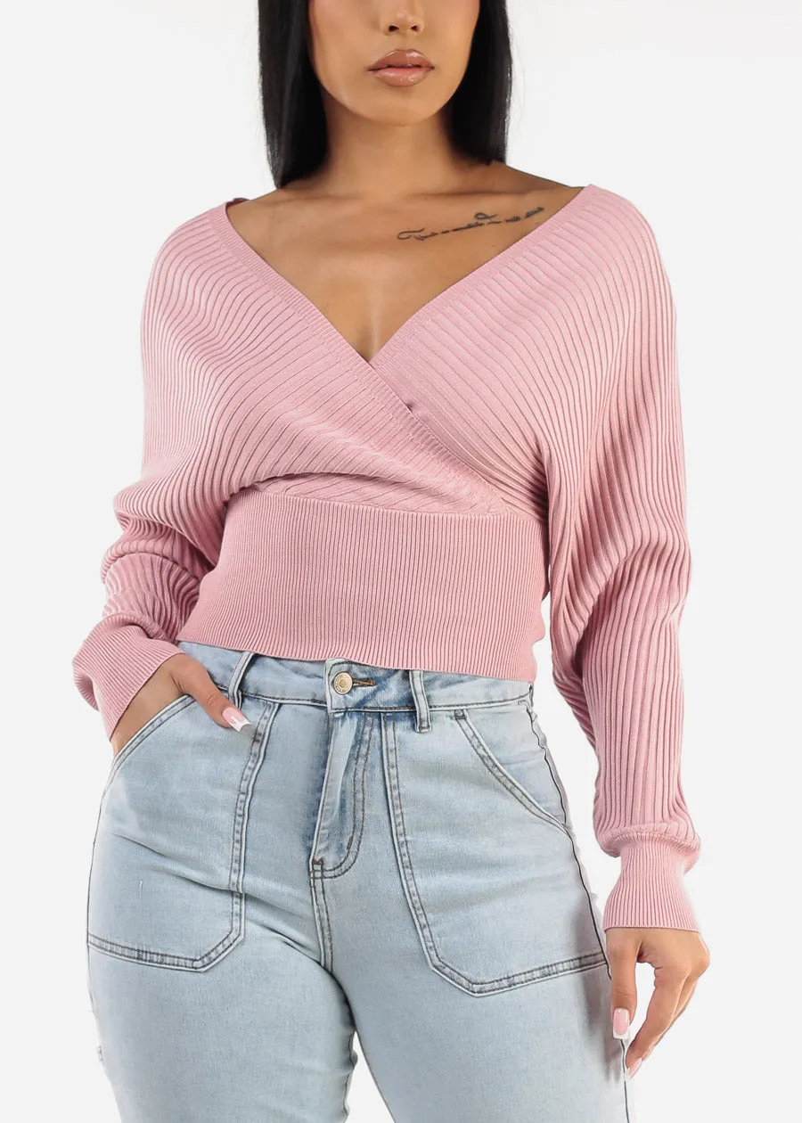 Long Sleeve Surplice Knit Sweater Top Light Pink sold by Moda product image thumbnail 5