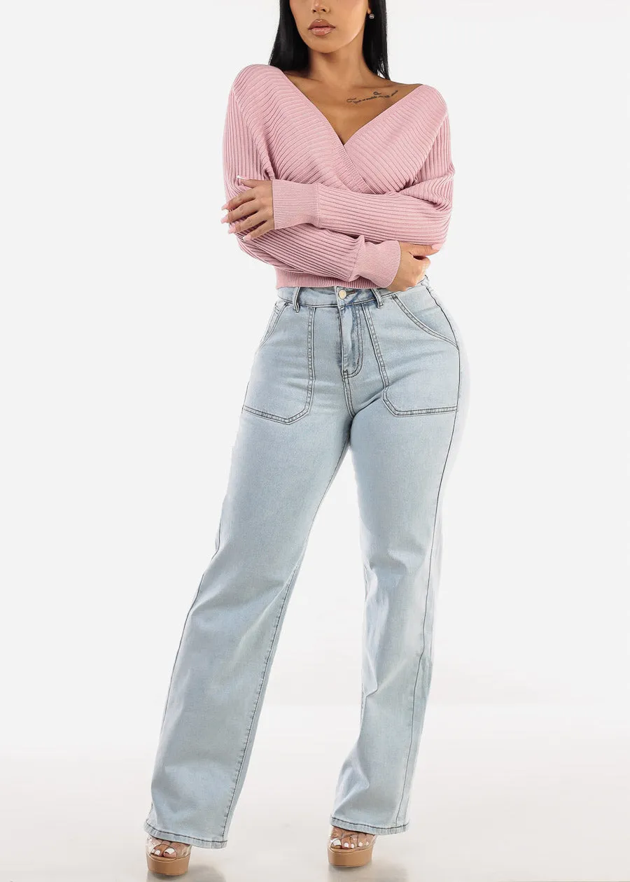 Long Sleeve Surplice Knit Sweater Top Light Pink sold by Moda product image thumbnail 2