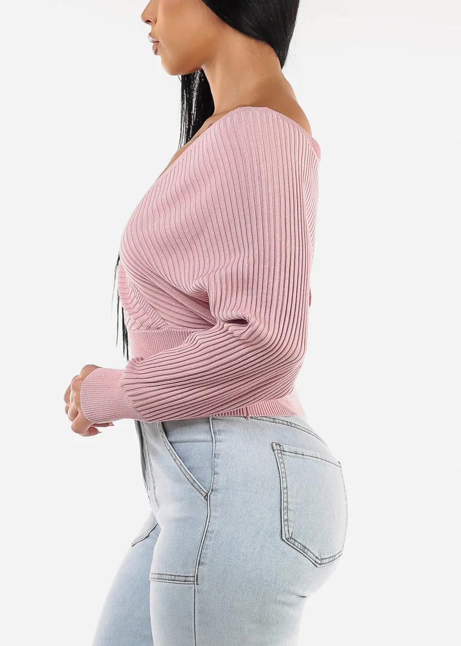 Long Sleeve Surplice Knit Sweater Top Light Pink sold by Moda product image thumbnail 3