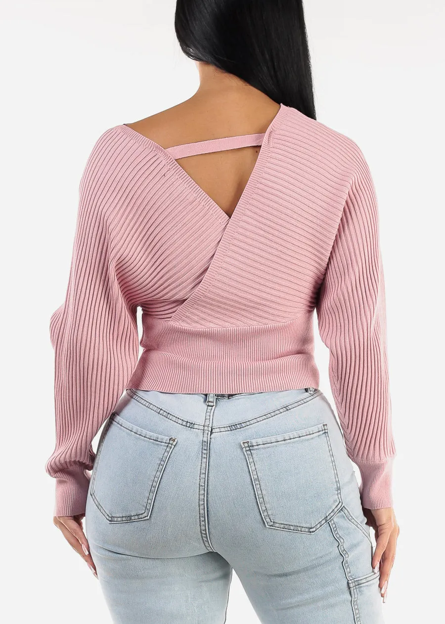 Long Sleeve Surplice Knit Sweater Top Light Pink sold by Moda product image thumbnail 4
