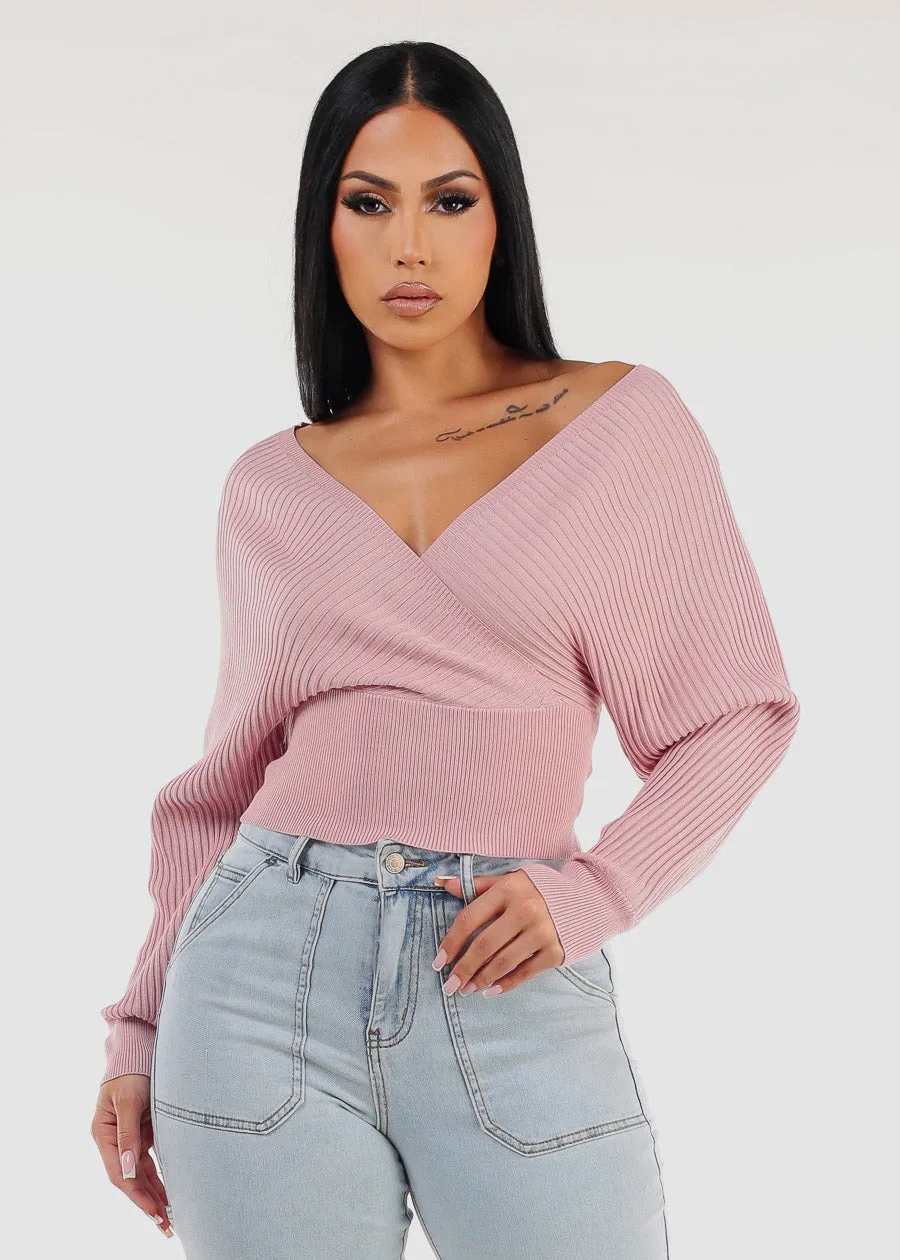 Long Sleeve Surplice Knit Sweater Top Light Pink sold by Moda