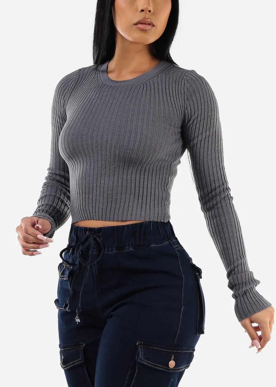 Long Sleeve Ribbed Sweater Top Blue Grey sold by Moda