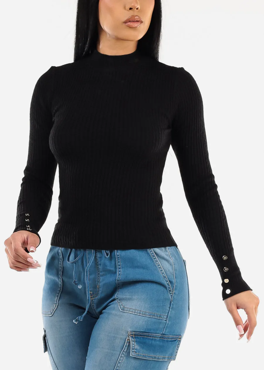Fitted Long Sleeve Rib Knit Sweater Black sold by Moda