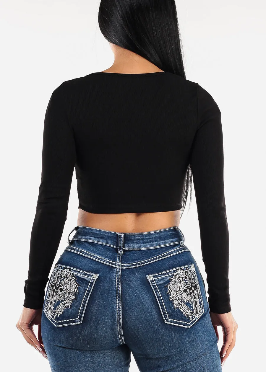 Wide Square Neck Long Sleeve Black Crop Top sold by Moda product image thumbnail 4