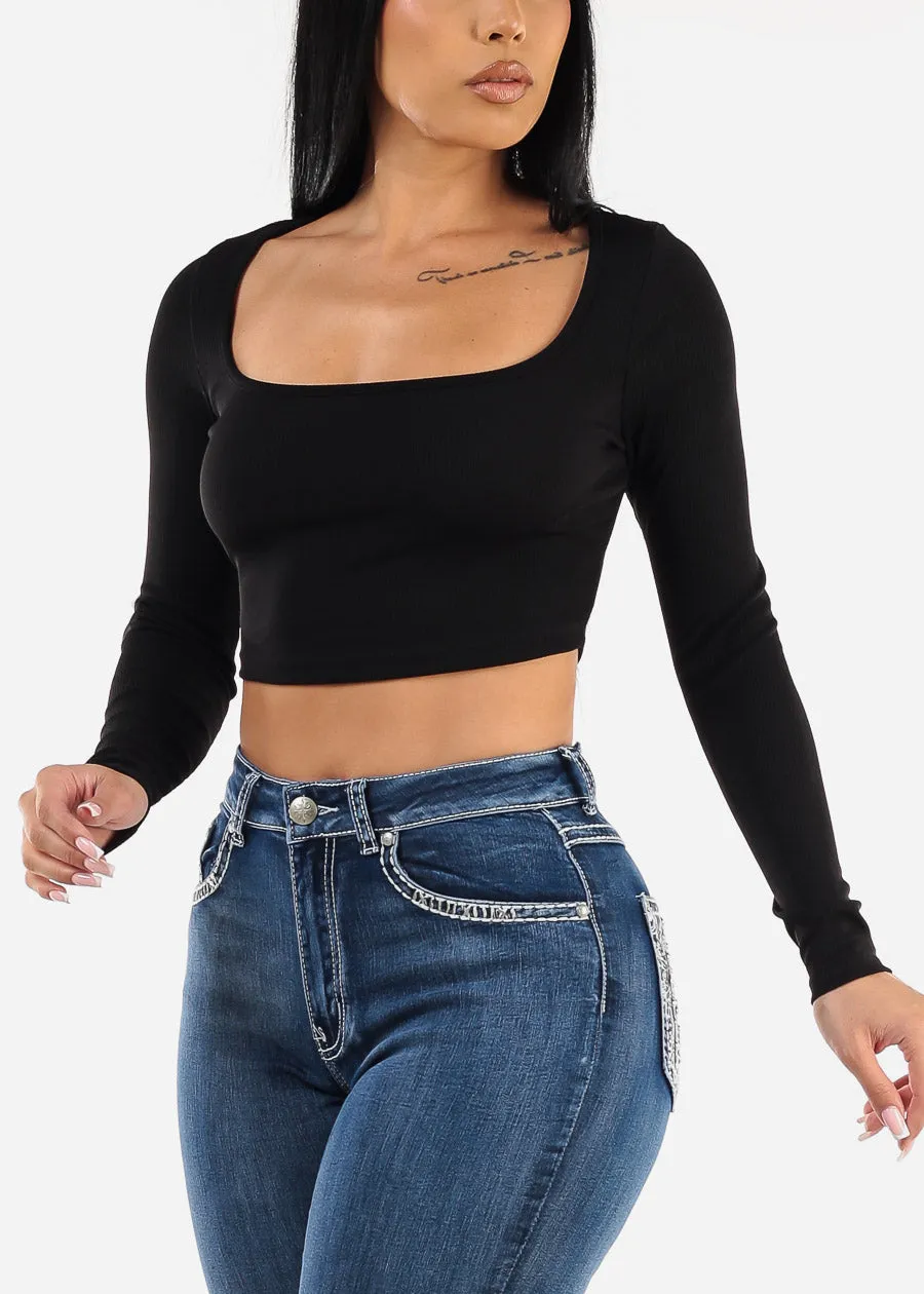 Wide Square Neck Long Sleeve Black Crop Top sold by Moda