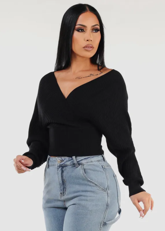 Black Long Sleeve Surplice Knit Sweater Top sold by Moda