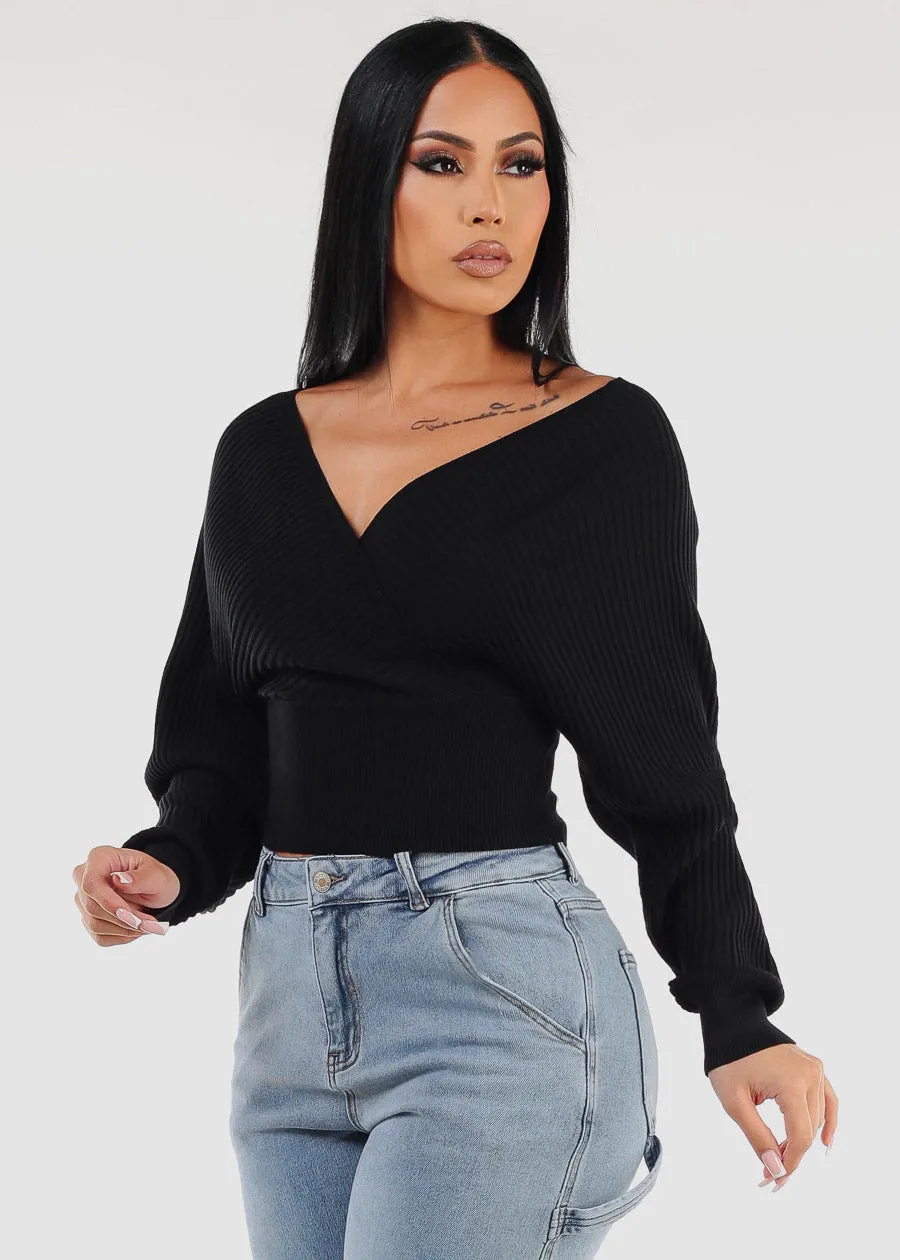 Black Long Sleeve Surplice Knit Sweater Top sold by Moda
