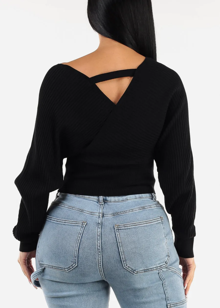 Black Long Sleeve Surplice Knit Sweater Top sold by Moda product image thumbnail 4