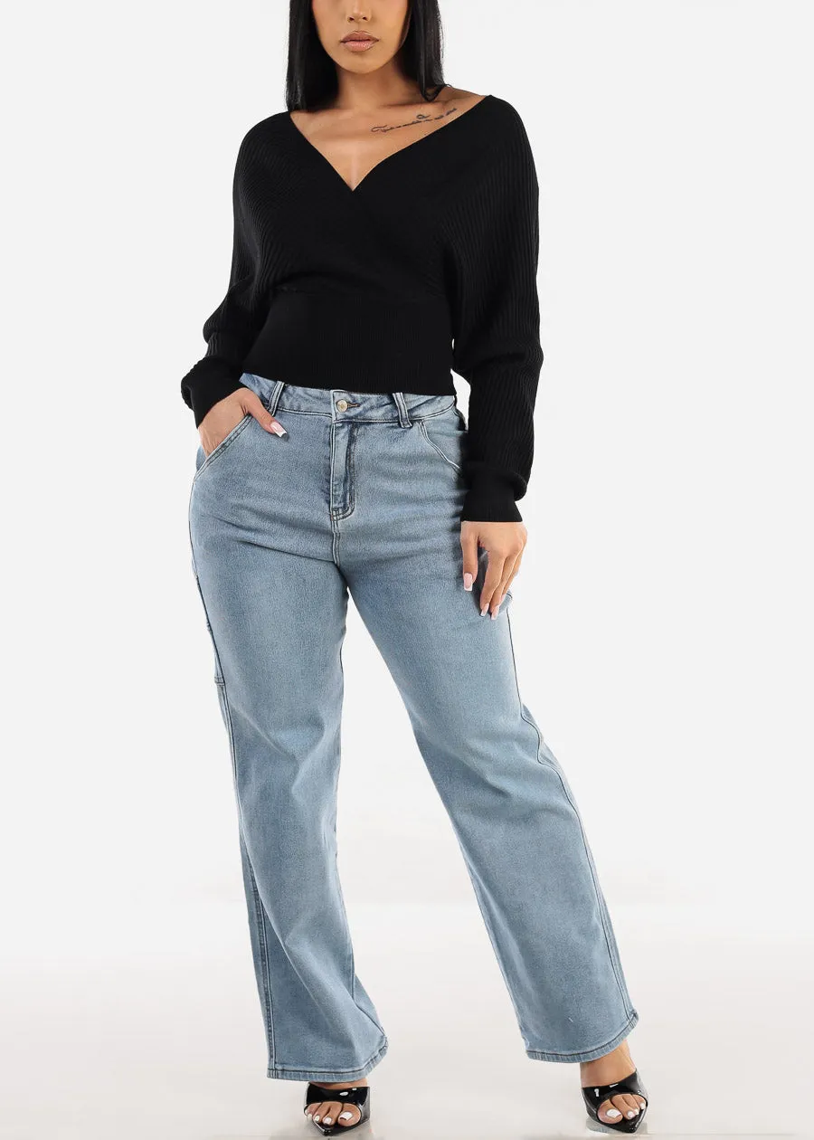 Black Long Sleeve Surplice Knit Sweater Top sold by Moda product image thumbnail 2