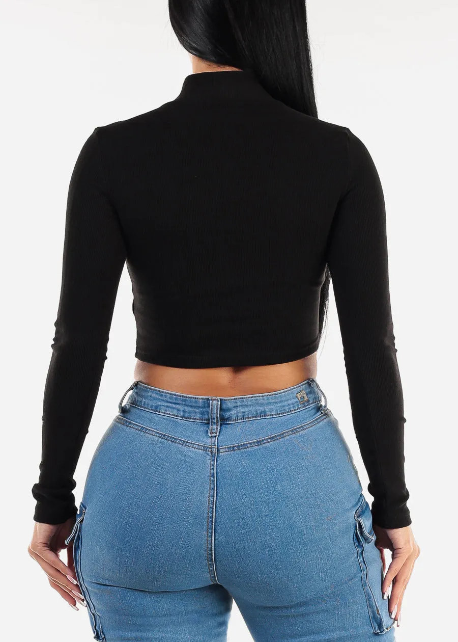 Long Sleeve Black Mock Neck Cut Out Crop Top sold by Moda product image thumbnail 4