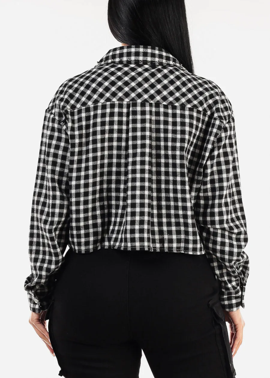 Long Sleeve Plaid Crop Shacket Black & White sold by Moda product image thumbnail 4