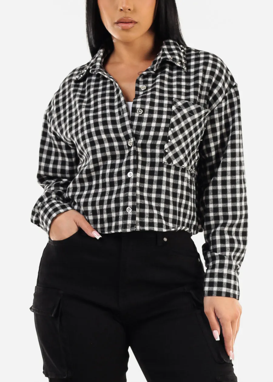 Long Sleeve Plaid Crop Shacket Black & White sold by Moda