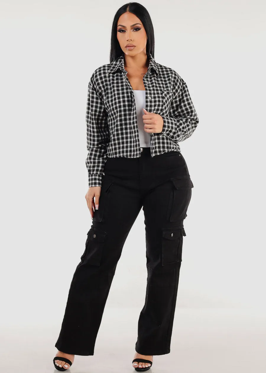 Long Sleeve Plaid Crop Shacket Black & White sold by Moda product image thumbnail 2