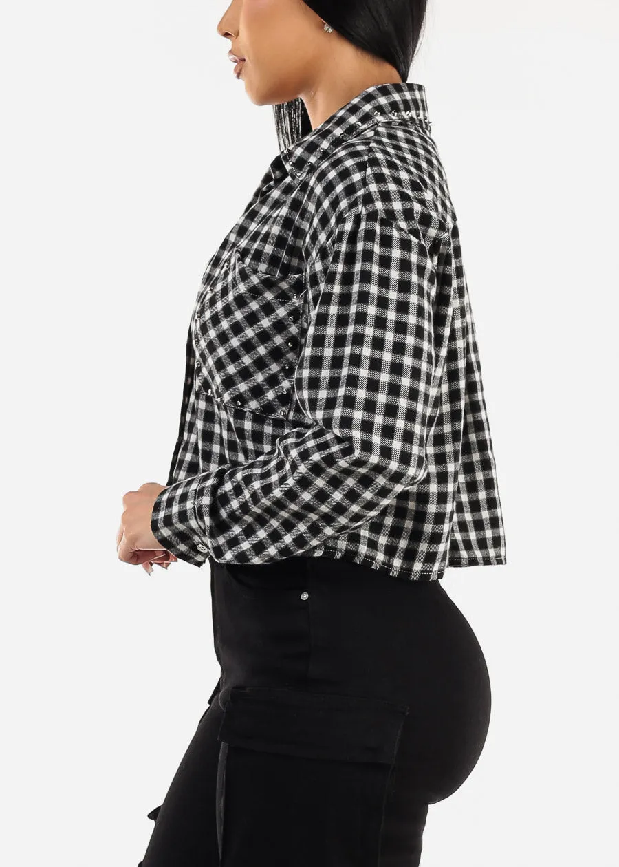 Long Sleeve Plaid Crop Shacket Black & White sold by Moda product image thumbnail 3