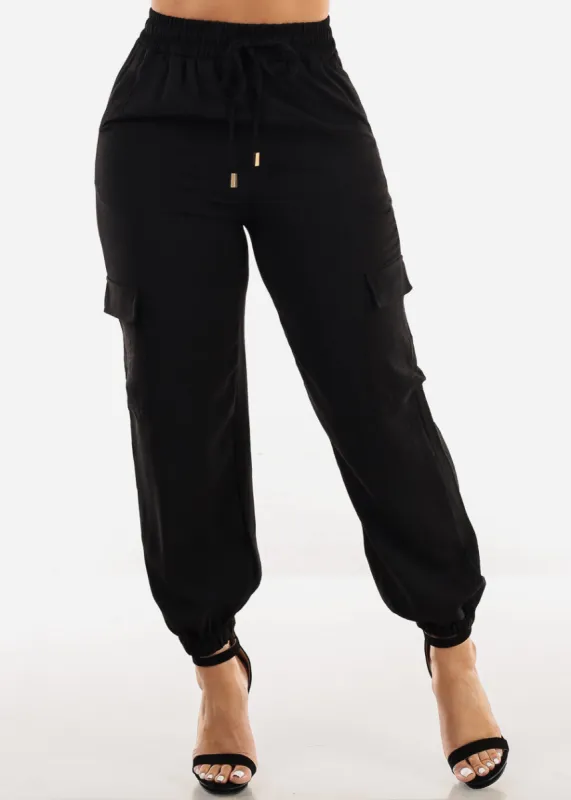 Super High Waist Black Cuffed Cargo Jogger Pants sold by Moda