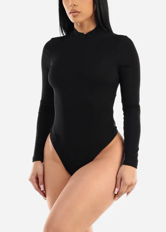 Black Long Sleeve Ribbed Mock Neck Bodysuit sold by Moda