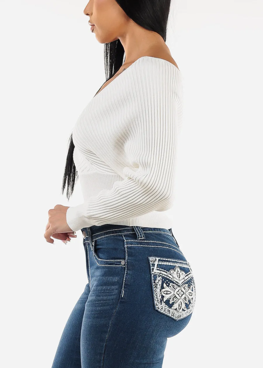 White Long Sleeve Surplice Knit Sweater Top sold by Moda product image thumbnail 3