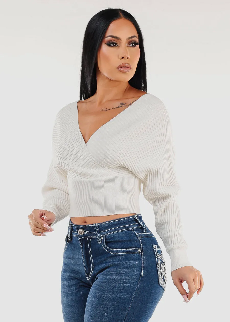 White Long Sleeve Surplice Knit Sweater Top sold by Moda