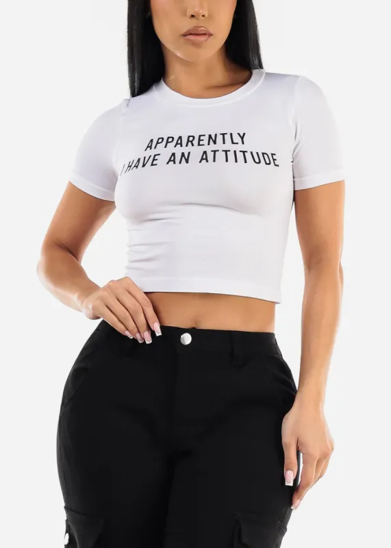 Short Sleeve White Graphic Crop Top "Apparently" sold by Moda