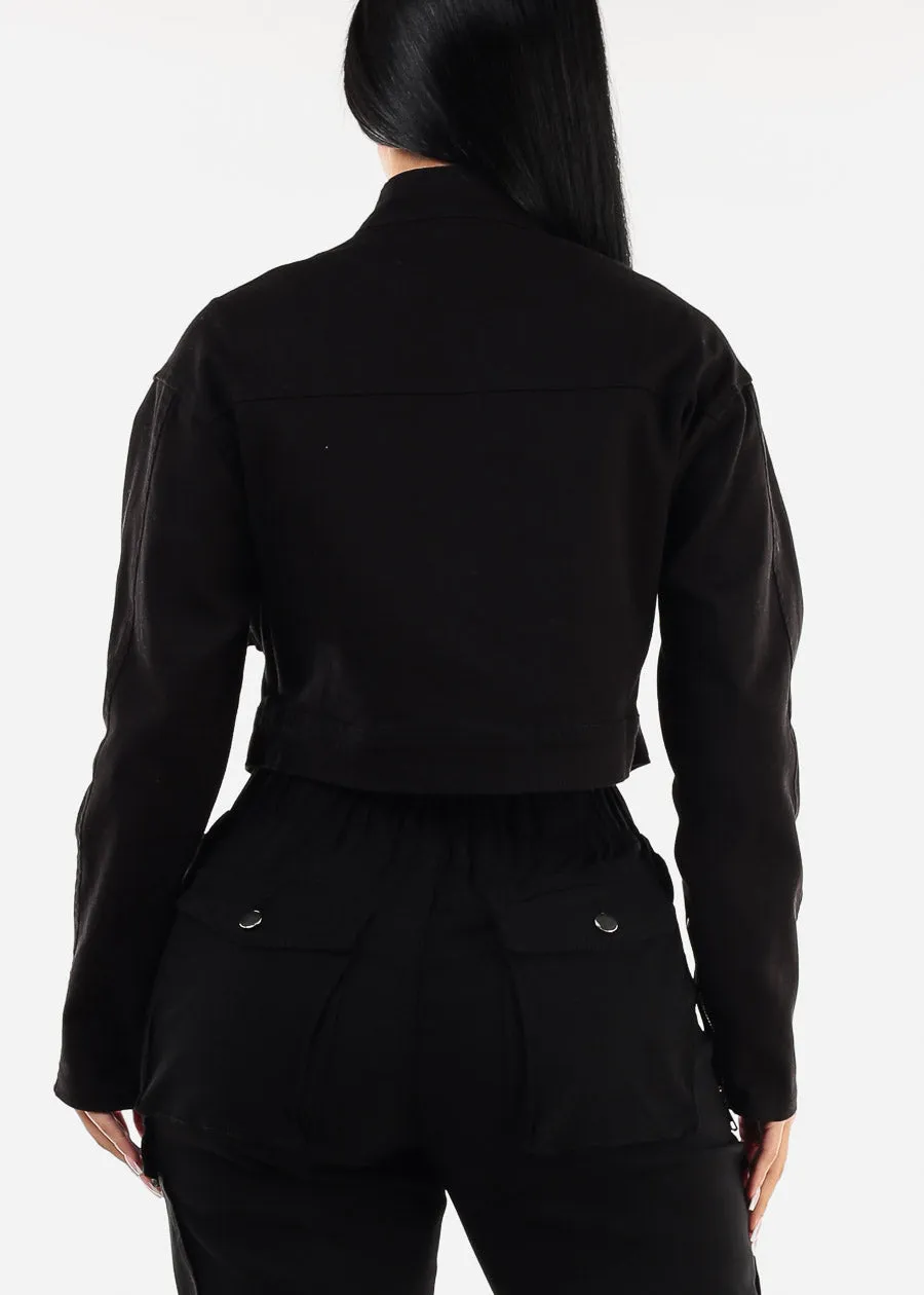 Long Sleeve Black Cropped Denim Jacket sold by Moda product image thumbnail 4