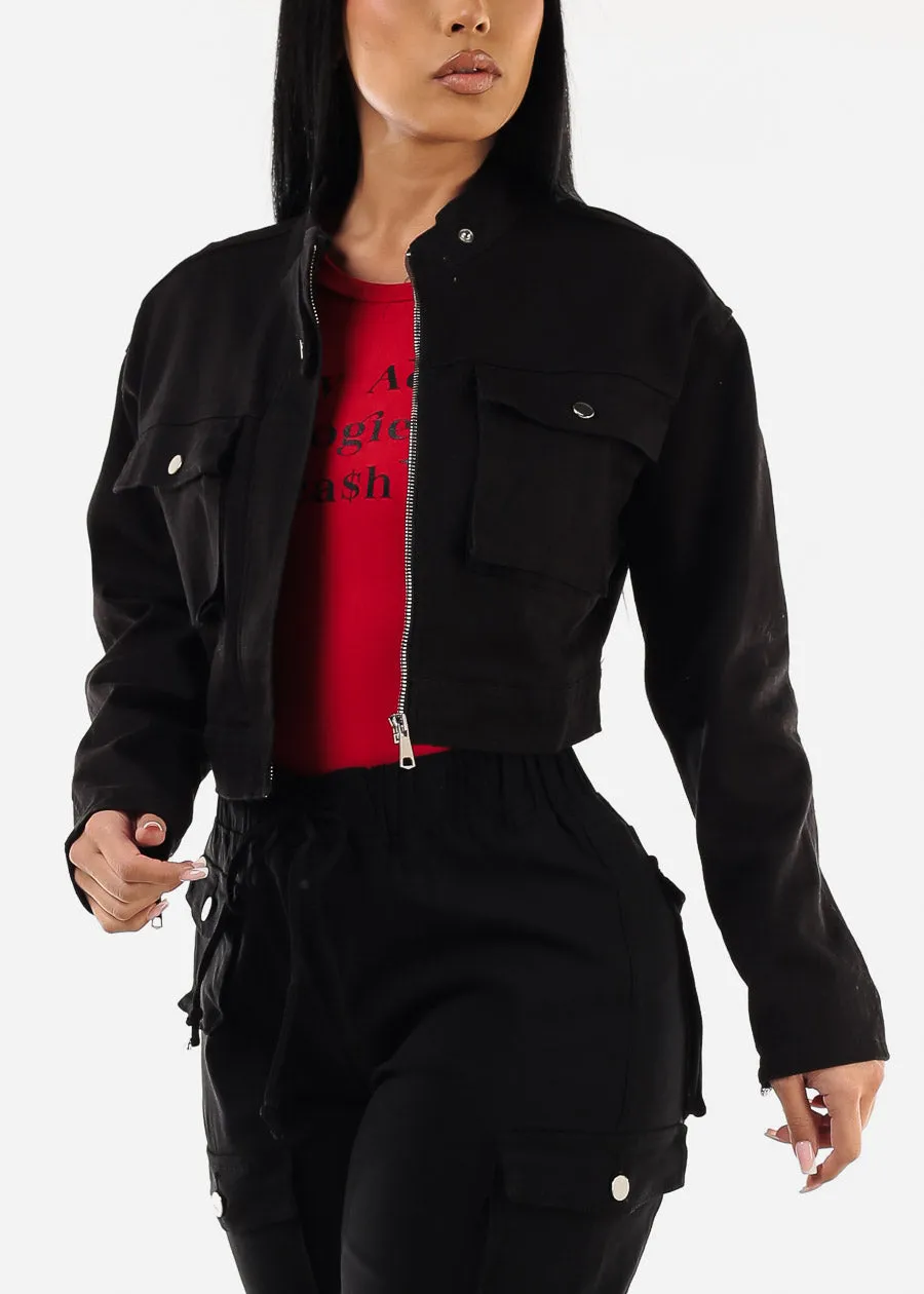 Long Sleeve Black Cropped Denim Jacket sold by Moda